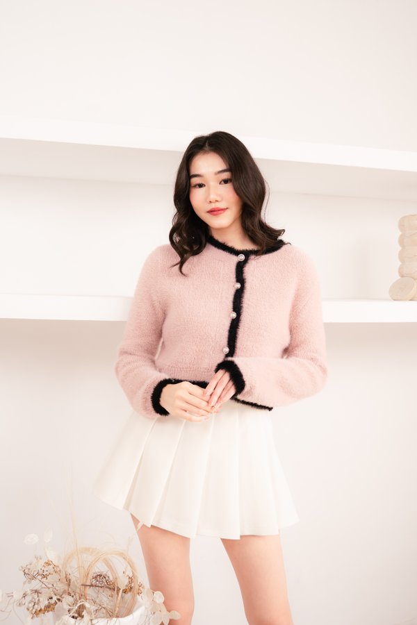 Ellerie Furry Cardigan in Pink with Black Contrast
