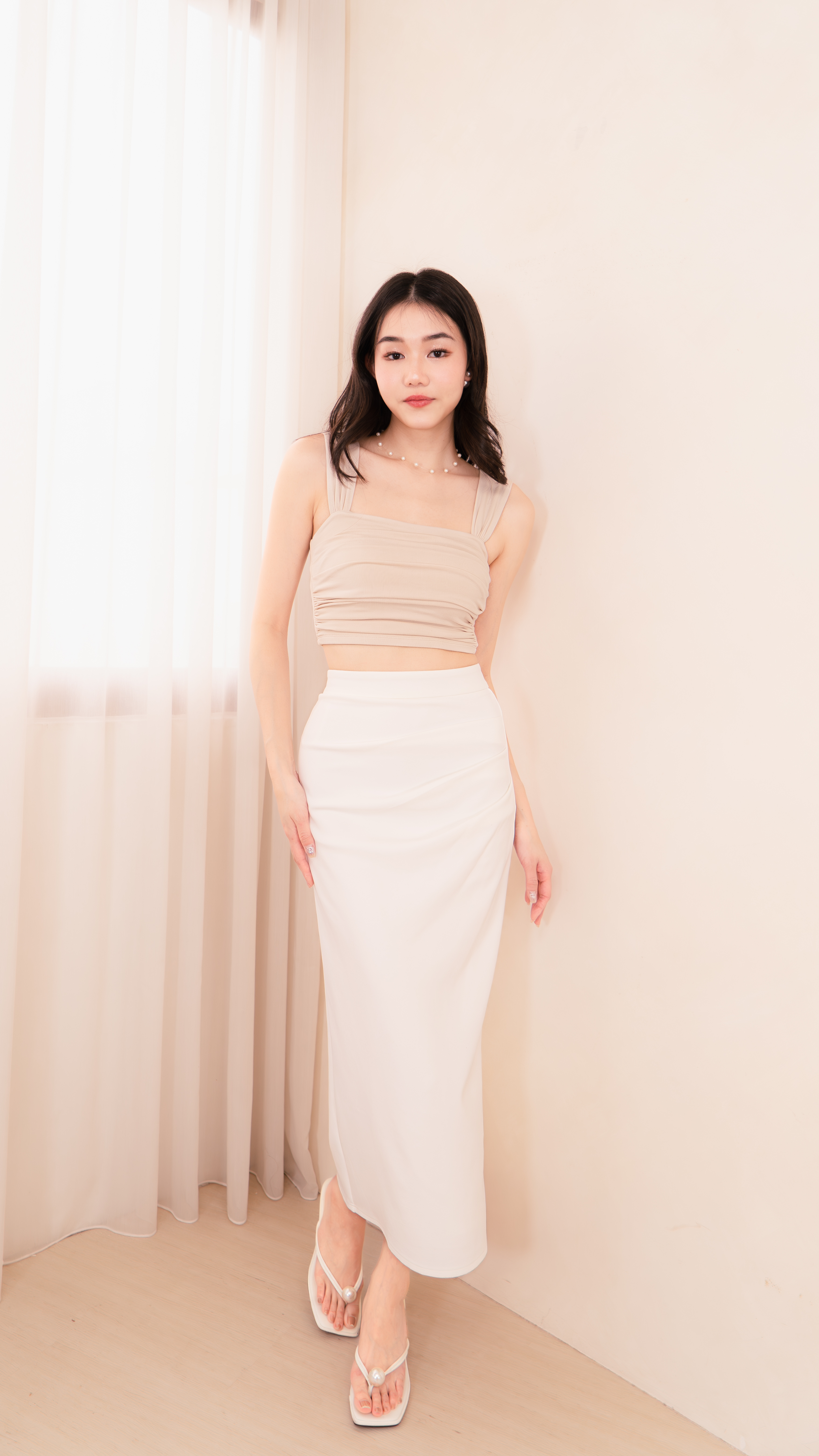 Marilyn Ruched Midi Skirt in White | Mikayla