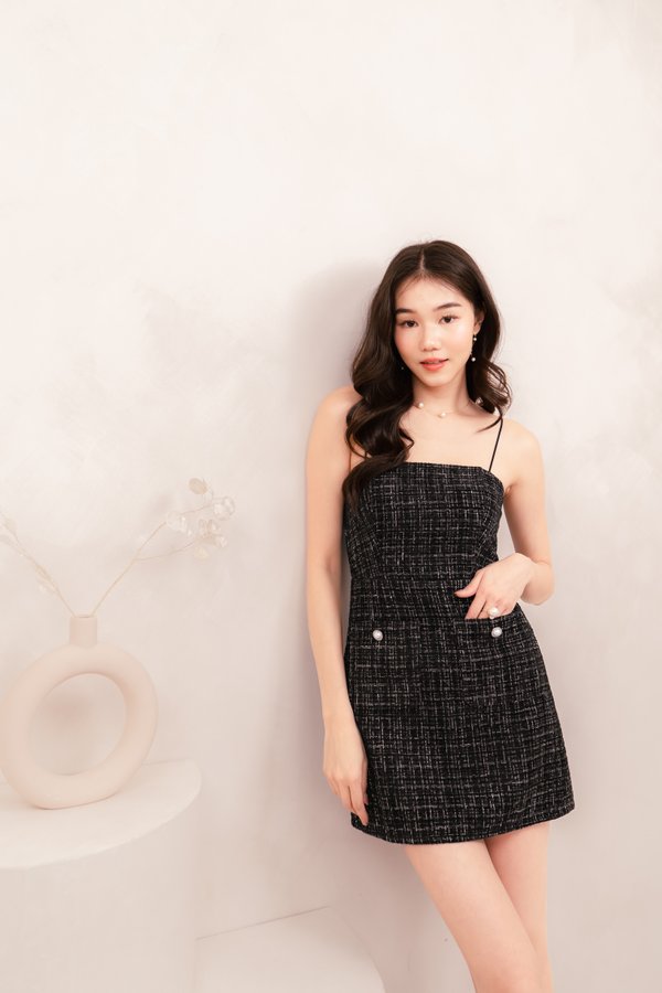 Halo Tweed Dress Romper in Black with White Threads
