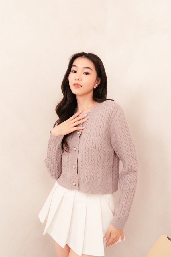 Kara Cable Knit Cardigan in Dusty Lilac with Black Pearl Trimming