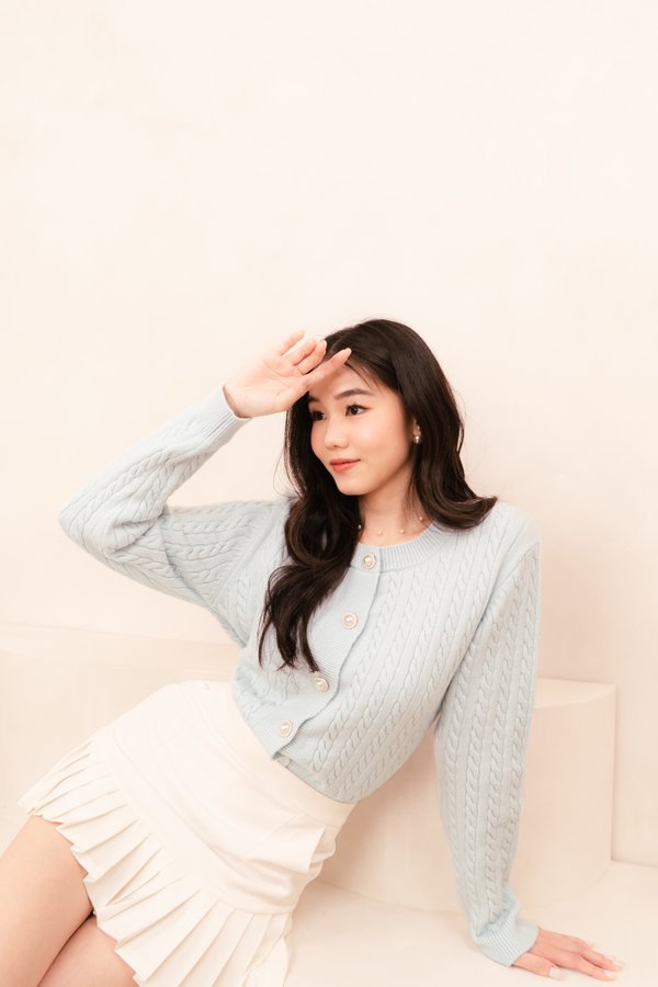 Kara Cable Knit Cardigan in Baby Blue with White Pearl Trimming