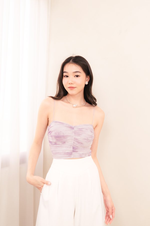 Zoelle Padded Tie Dye Ruched Top in Dusty Lilac