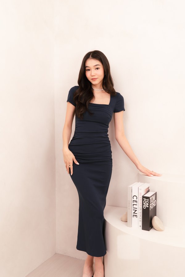 (BARE/BASIC) Mello Ruched Midi Dress in Steel Blue