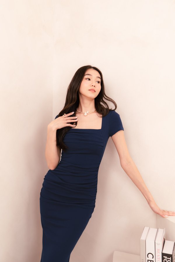 (BARE/BASIC) Mello Ruched Midi Dress in Navy