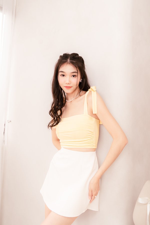 (BARE/BASIC) Shyla Ruched Self-Tie Top in Pale Yellow