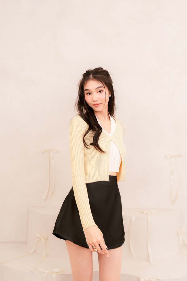 Nari Ribbed Knit Halter Top with Cardigan in White with Pale Yellow