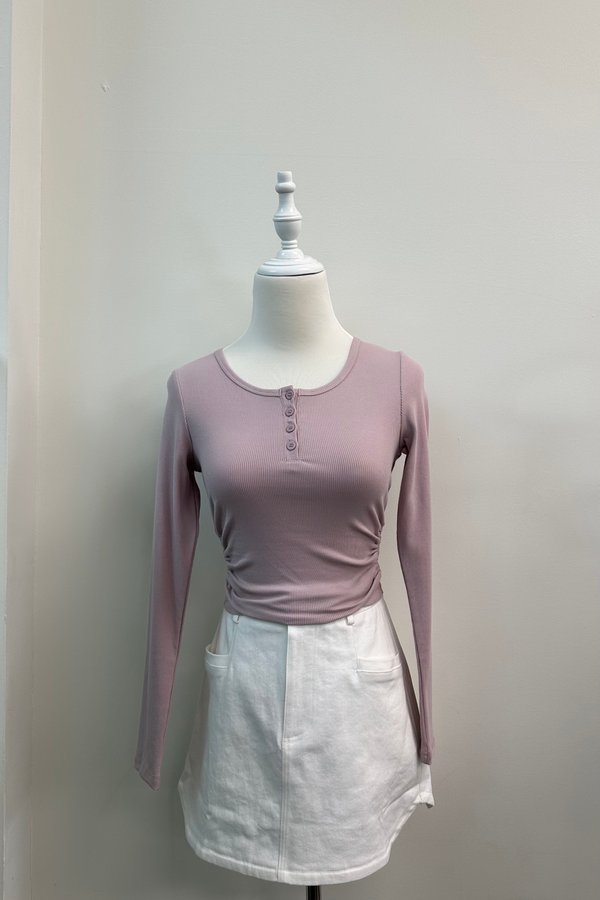 Talia Ribbed Long Sleeve Side Ruched Top in Dusty Lilac