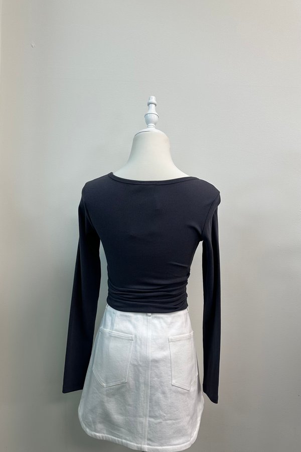 Talia Ribbed Long Sleeve Side Ruched Top in Gunmetal Blue