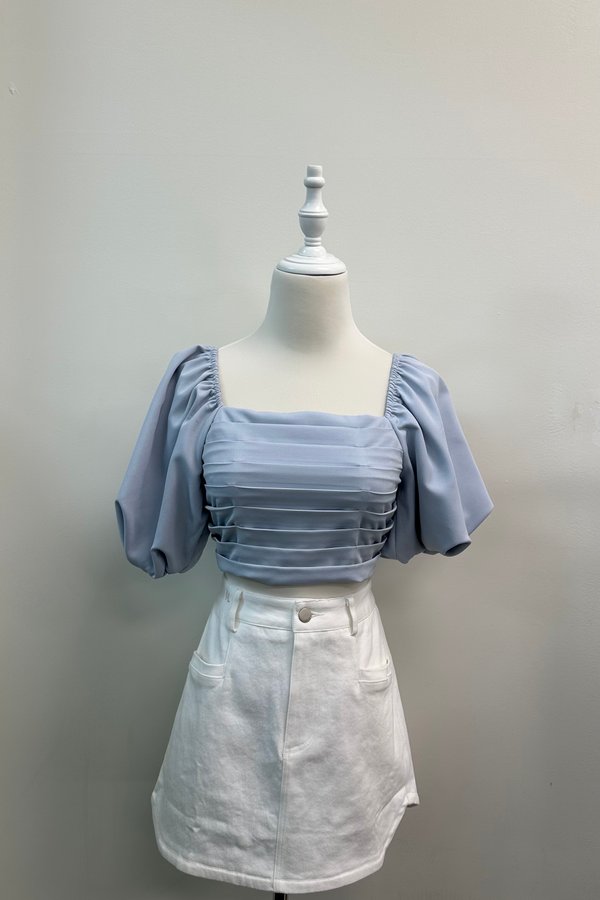 Arden Bubble Sleeve Pleated Top in Powder Blue