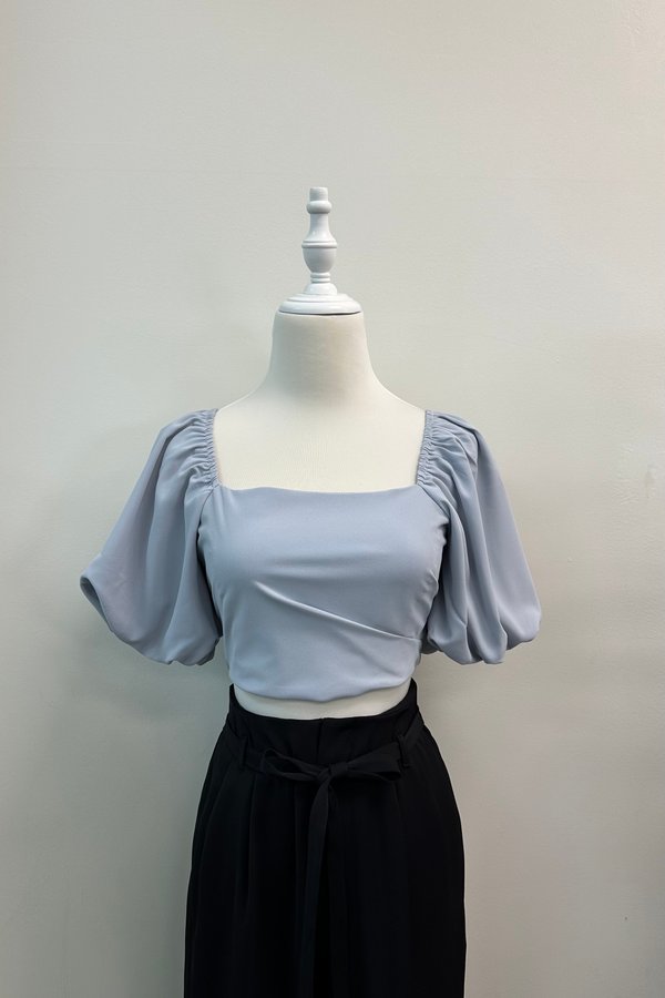 Averyl Bubble Sleeve Side Ruched Top in Powder Blue