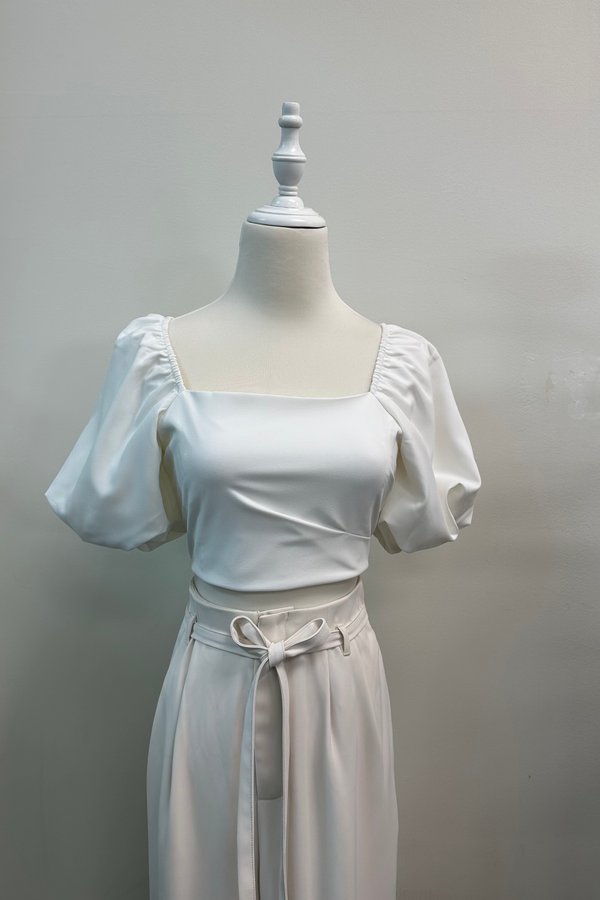 Averyl Bubble Sleeve Side Ruched Top in White