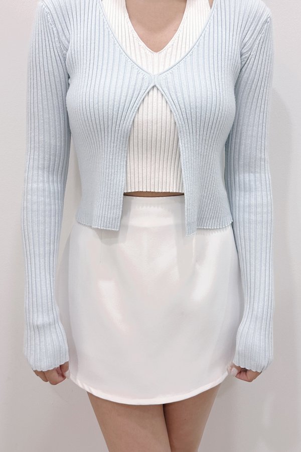 Nari Ribbed Knit Halter Top with Cardigan in White with Baby Blue