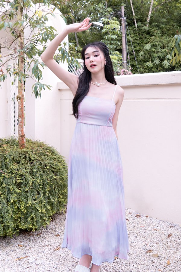 Shayna Pleated Midi Dress in Cotton Candy Clouds