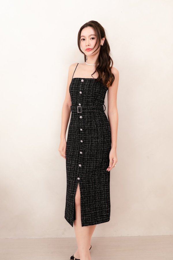 Gemma Suede Tweed Belted Midi Dress in Black with White Threads