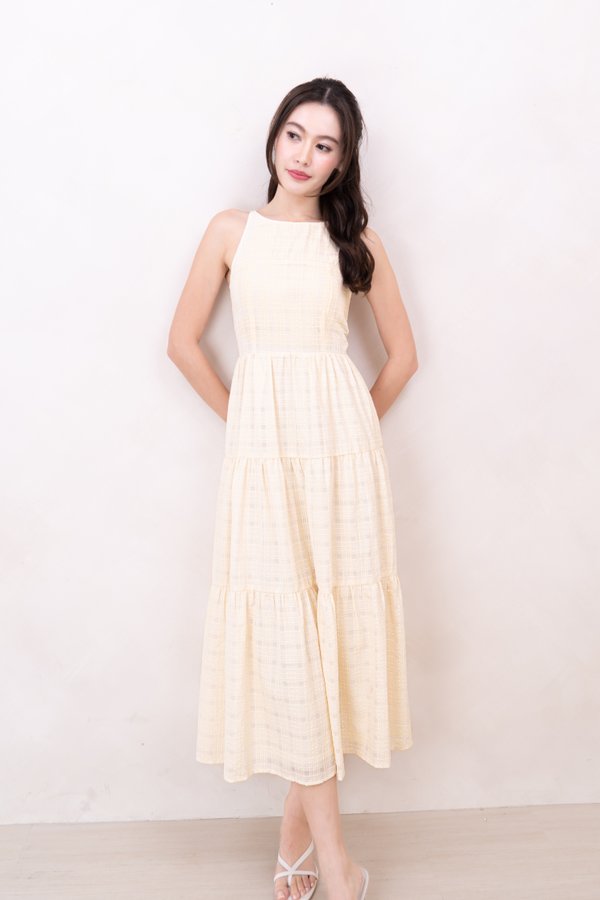 Micole Textured Fabric Tiered Round Neck Maxi Dress in Pale Yellow