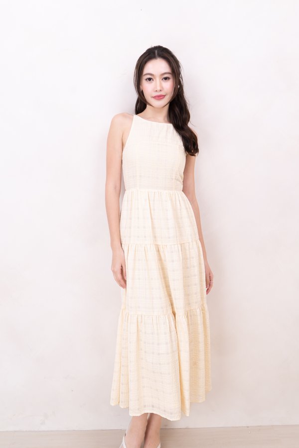 Micole Textured Fabric Tiered Round Neck Maxi Dress in Pale Yellow