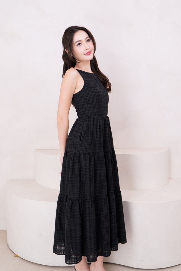Micole Textured Fabric Tiered Round Neck Maxi Dress in Black