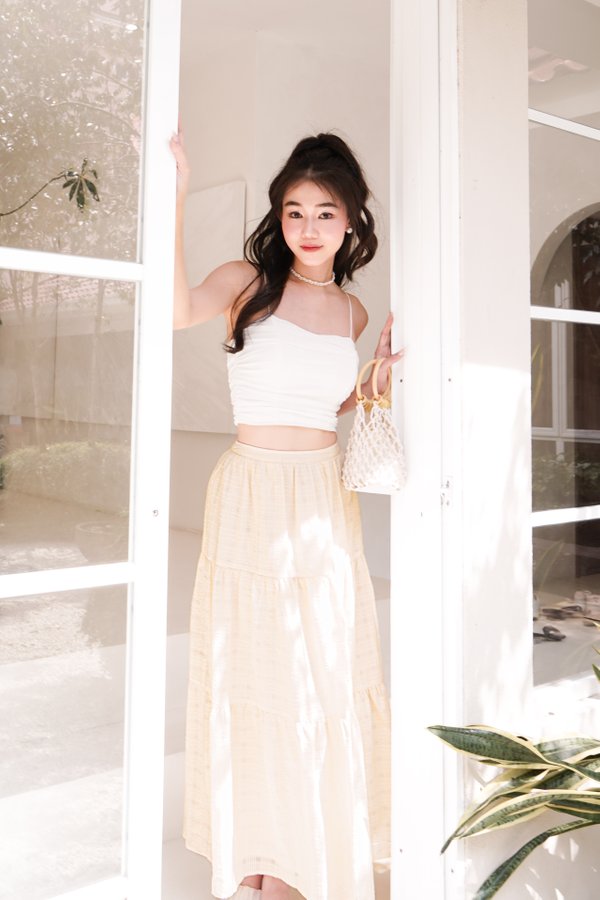 Gillie Textured Tiered Midi Skirt in Pale Yellow