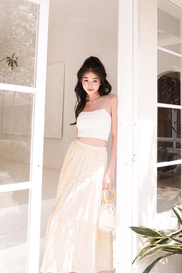 Gillie Textured Tiered Midi Skirt in Pale Yellow