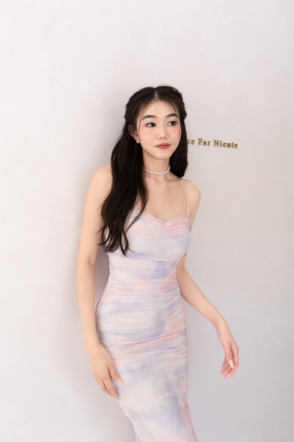 *Limited Edition* Noelle V2 Padded Tie Dye Ruched Midi Dress in Bubble Gum 