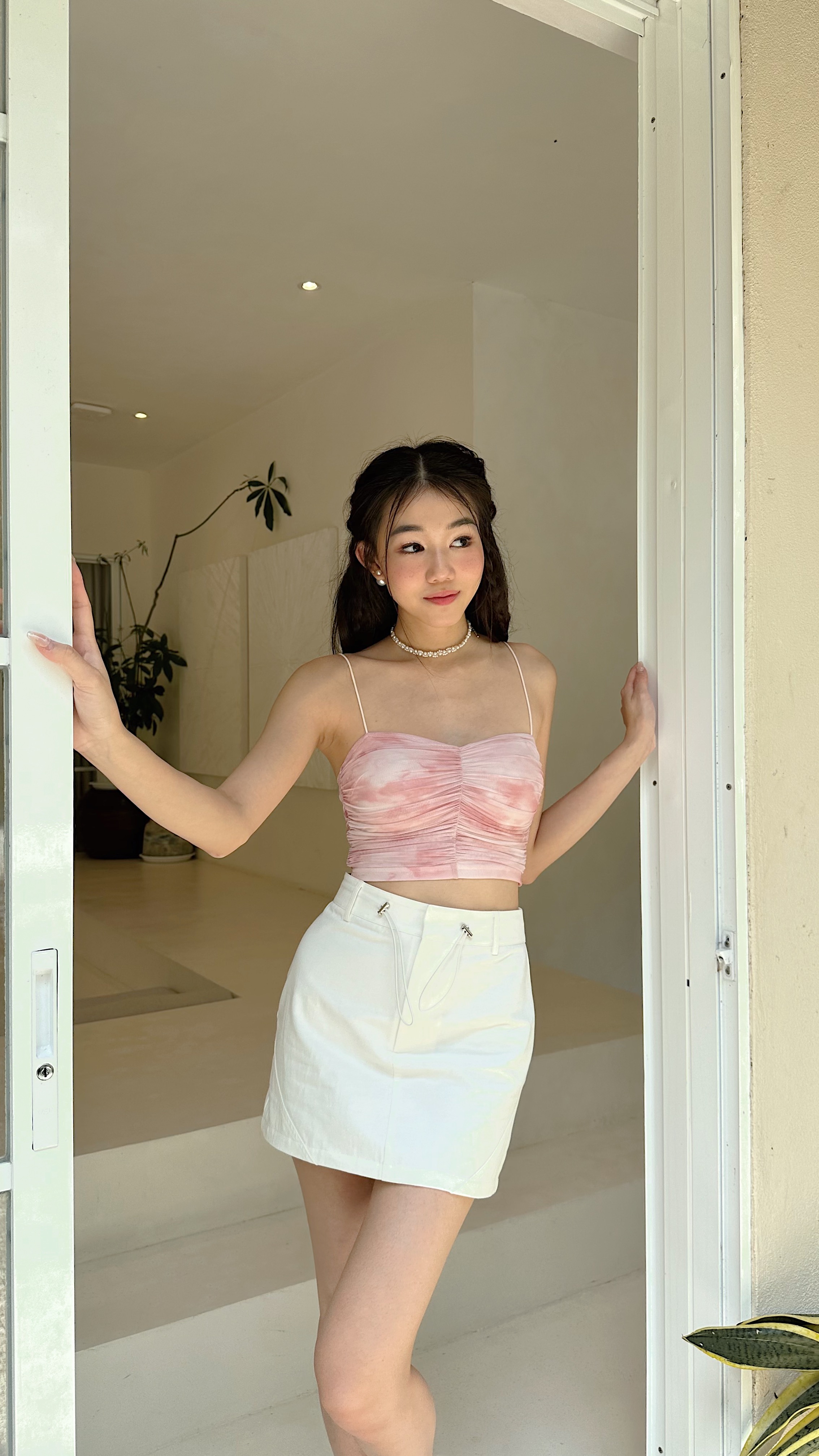 Zoelle V3 Padded Tie Dye Ruched Top in Dusty Pink | Mikayla