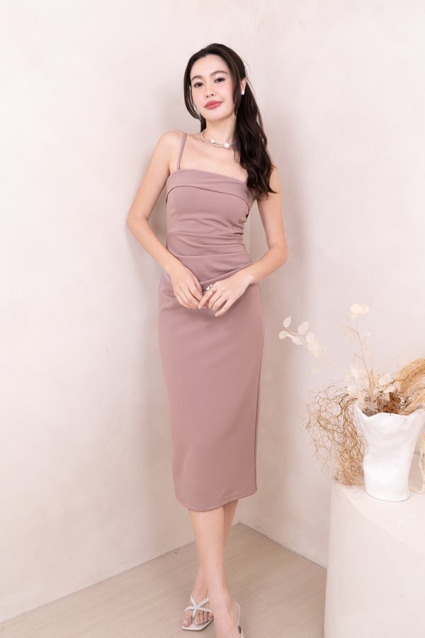 Nori Overlap Ruched Dress in Dusty Pink