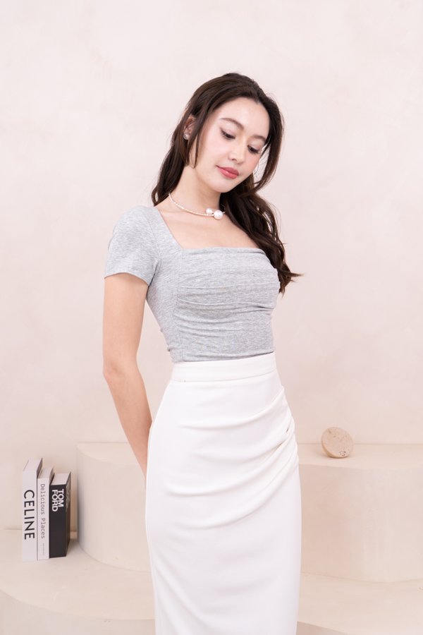 Teresa V2 Straight Neck Ruched Sleeve Top in Light Grey
