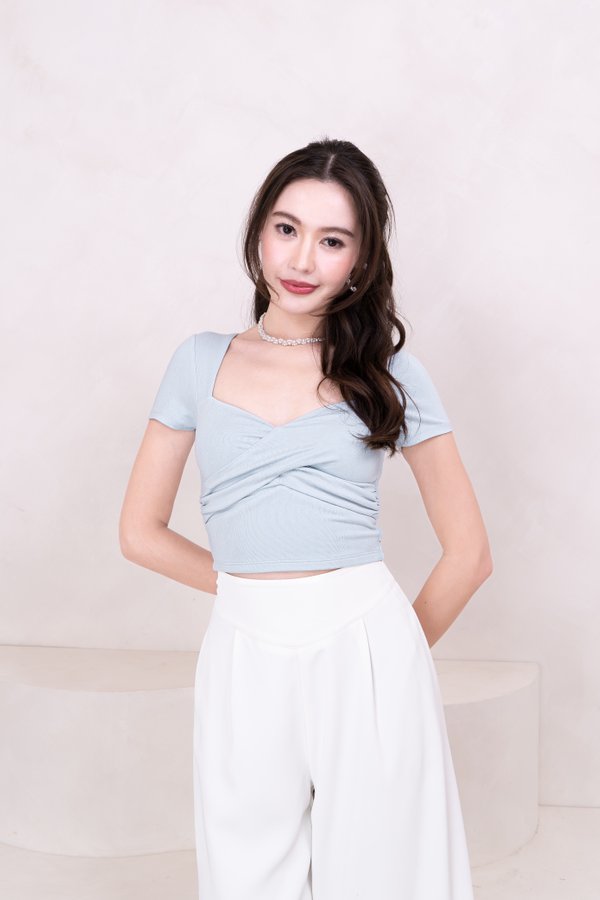 (BARE/BASIC) Mia Front Twist Sleeved Top in Baby Blue