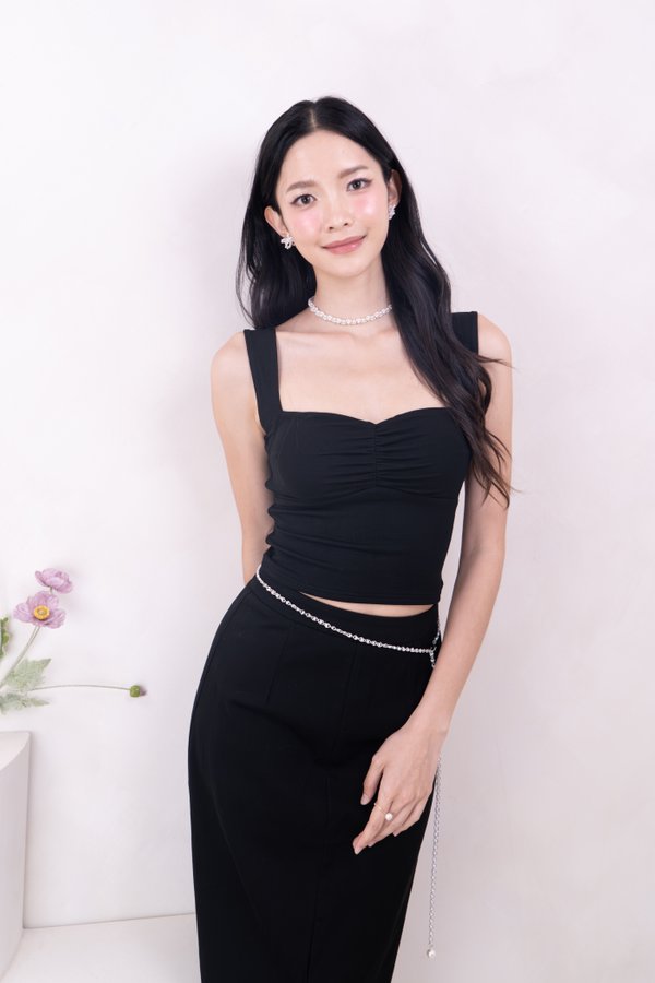 (BARE/BASIC) Kaisley Sweetheart Neckline Ruched Top in Black