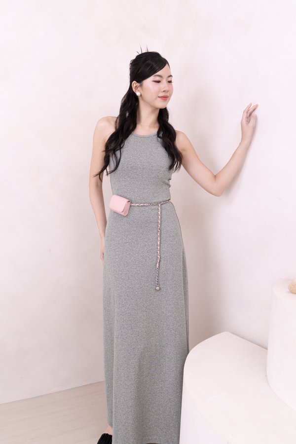 (BARE/BASIC) Zelia Sleeveless Racer Regular Midi Dress with Small Chain Pouch in Light Grey