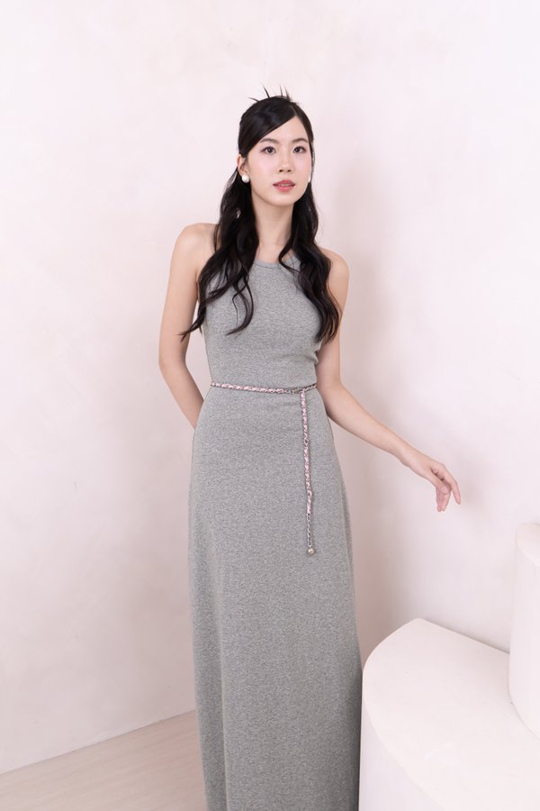 (BARE/BASIC) Zelia Sleeveless Racer Regular Midi Dress with Small Chain Pouch in Light Grey