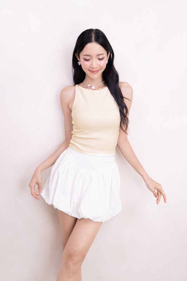 Mabel Ribbed Boat Neck Sleeveless Top in Pale Yellow