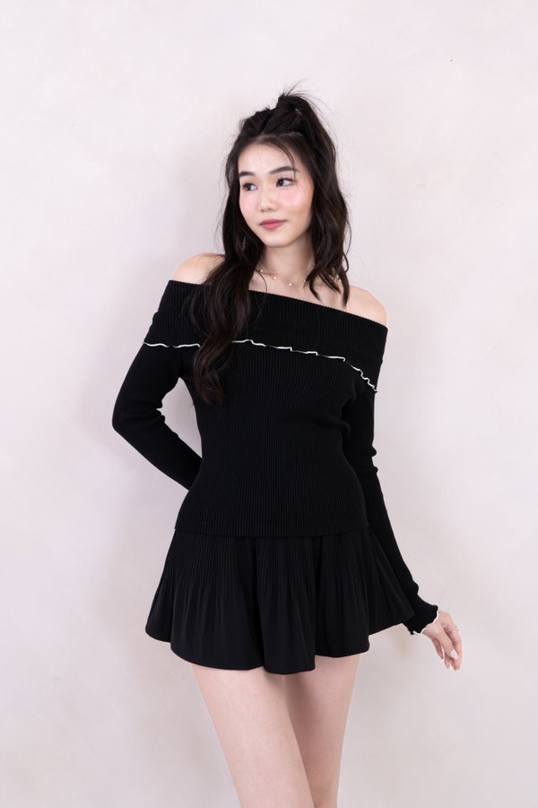 Rosabella Ruffles Hem Off Shoulder Contrast Knit Top in Black on White