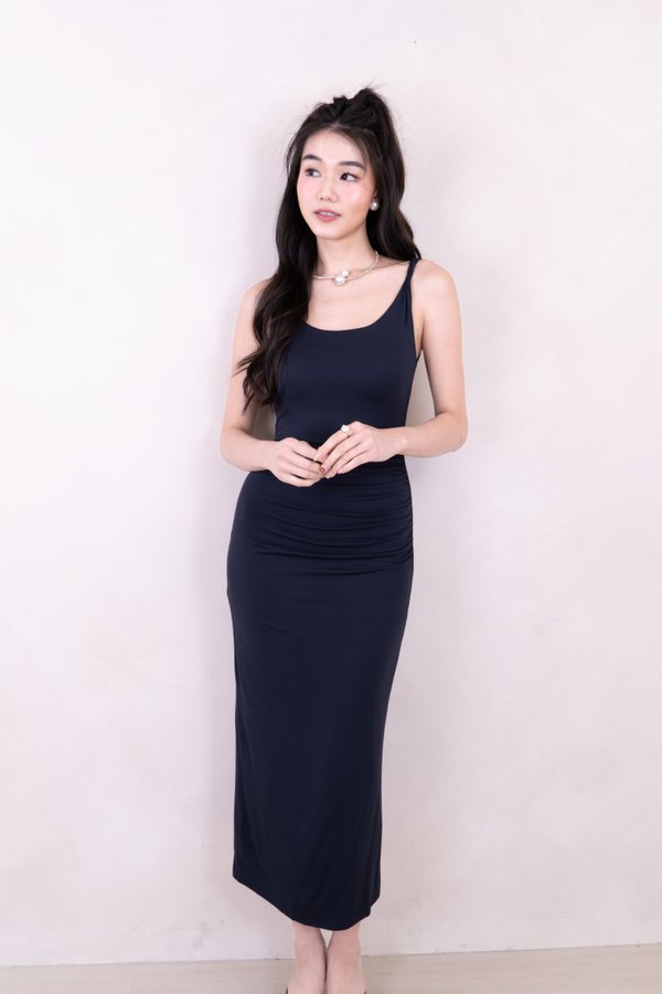 Luca Ruched Midi Dress in Midnight