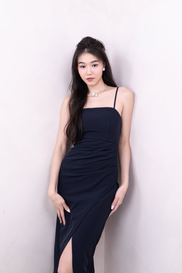 Melina Straight Neckline Midi Dress in Midnight