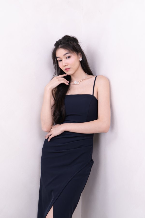 Melina Straight Neckline Midi Dress in Midnight