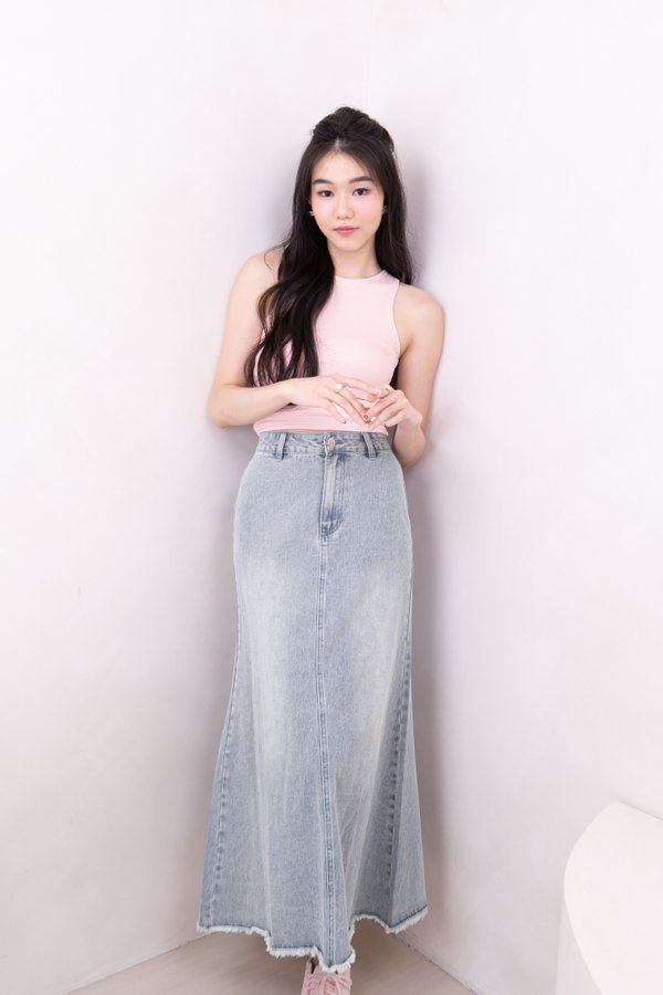 Mira Denim Maxi Skirt with Chain Belt in Light Wash