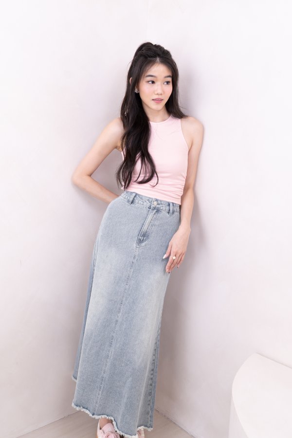 Mira Denim Maxi Skirt with Chain Belt in Light Wash