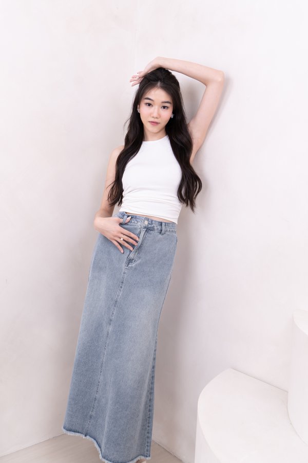 Mira Denim Maxi Skirt with Chain Belt in Mid Wash