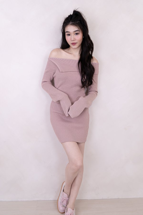 Sariah Turtle Neck Knit Long Sleeve Mini Dress in Dusty Lilac