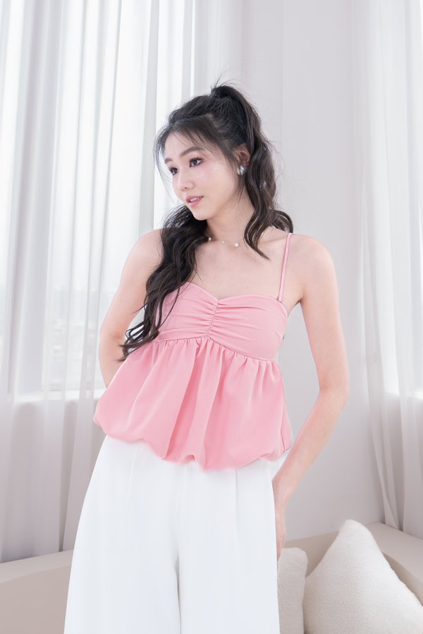 Genovera Sweetheart Neckline Bubble Hem Top in Bubble Gum Pink