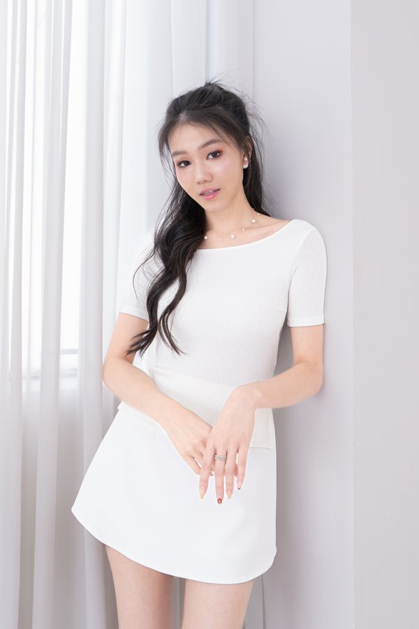 Liora Straight Neckline Ribbed Knit Top in White