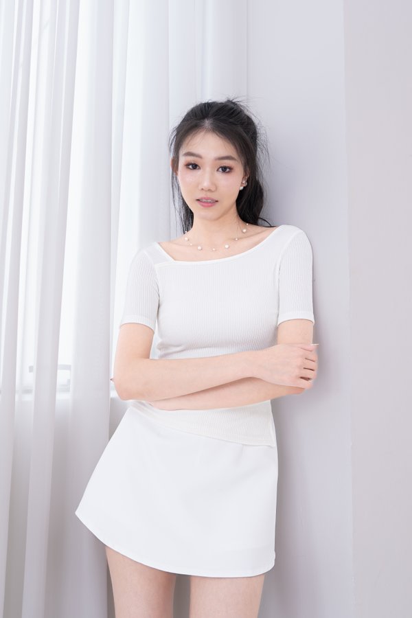 Liora Straight Neckline Ribbed Knit Top in White