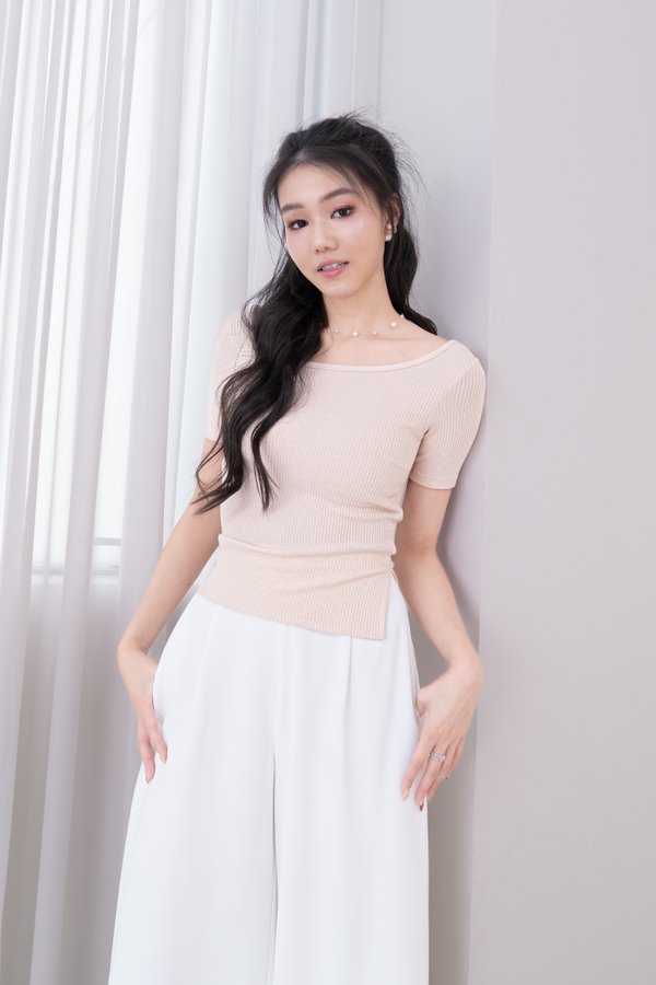 Liora Straight Neckline Ribbed Knit Top in Ivory Beige