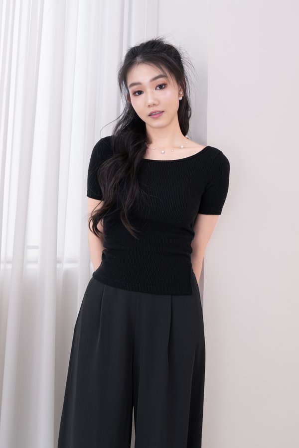 Liora Straight Neckline Ribbed Knit Top in Black