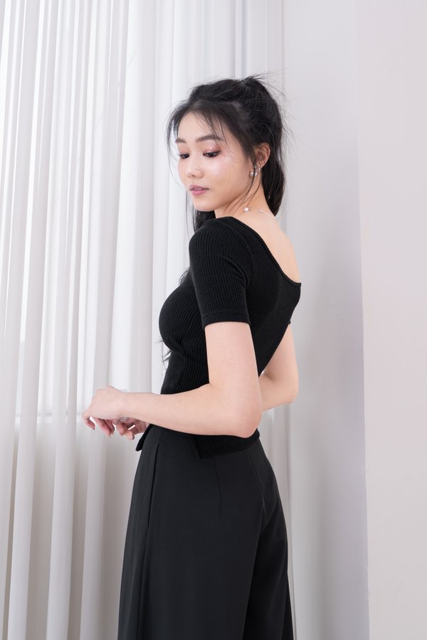 Liora Straight Neckline Ribbed Knit Top in Black