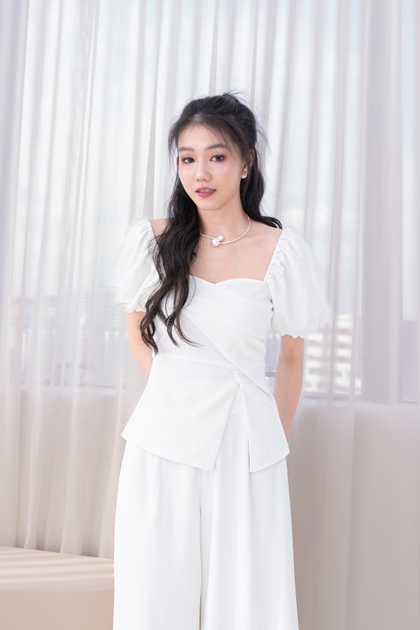 Imelda Padded Side Slit Peplum Sleeved Top in White