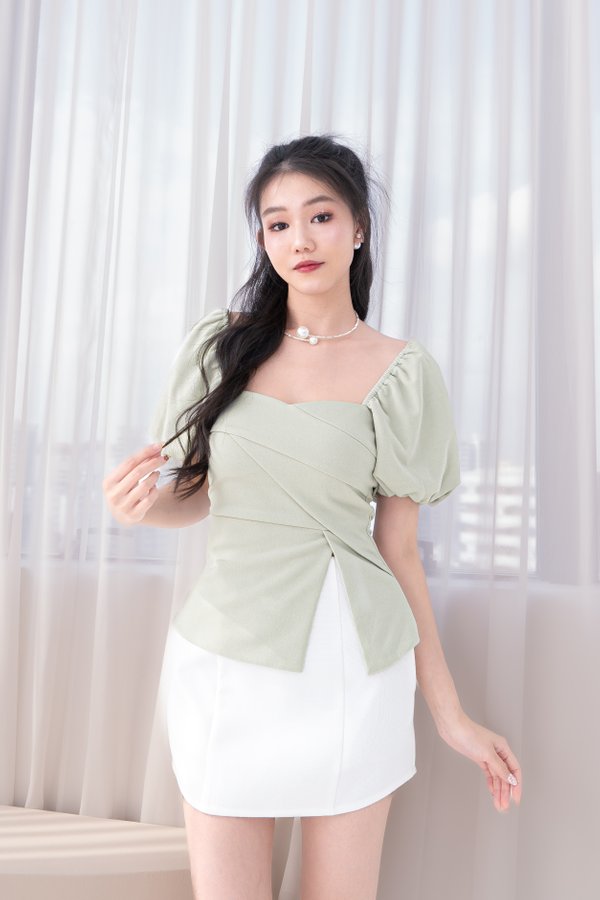 Imelda Padded Side Slit Peplum Sleeved Top in Dusty Sage