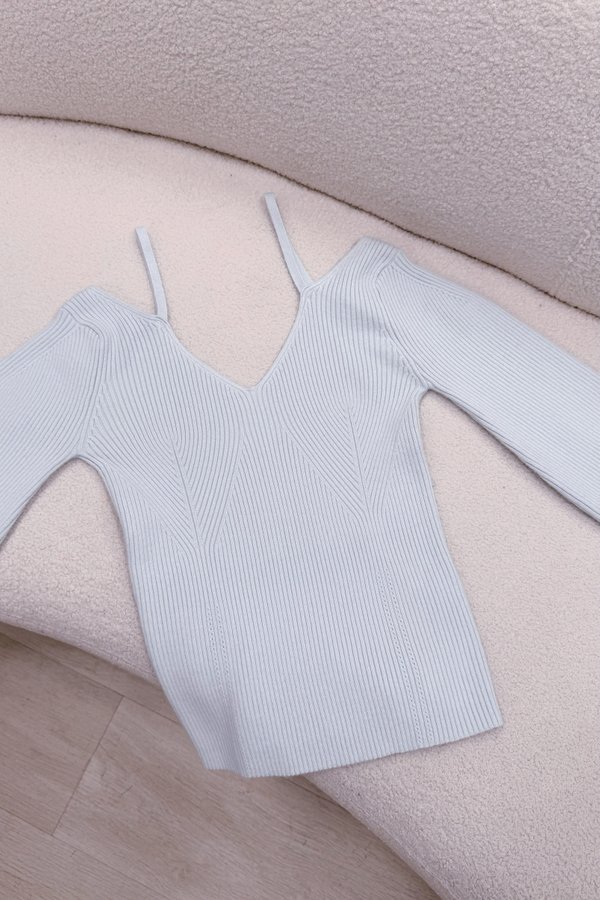 Niki V-Neckline Off Shoulder Long Sleeve Knit Top in Baby Blue