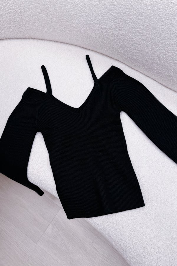 Niki V-Neckline Off Shoulder Long Sleeve Knit Top in Black